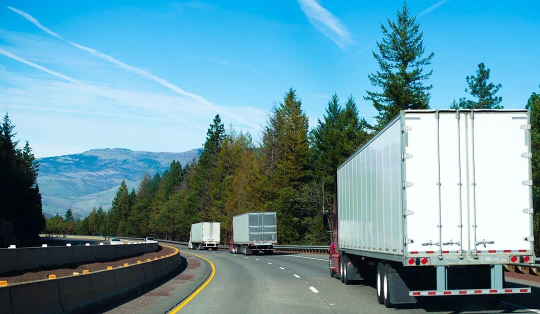 A convoy of red and white semi-trailer trucks on the highway. Next to them are pine, evergreen trees and mountains.