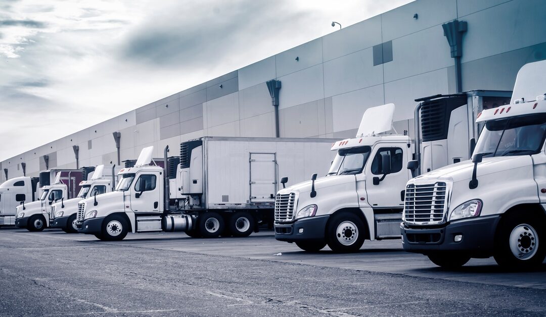 A row of white semi trucks parked at loading bays outside a large warehouse with dock doors under a cloudy sky.