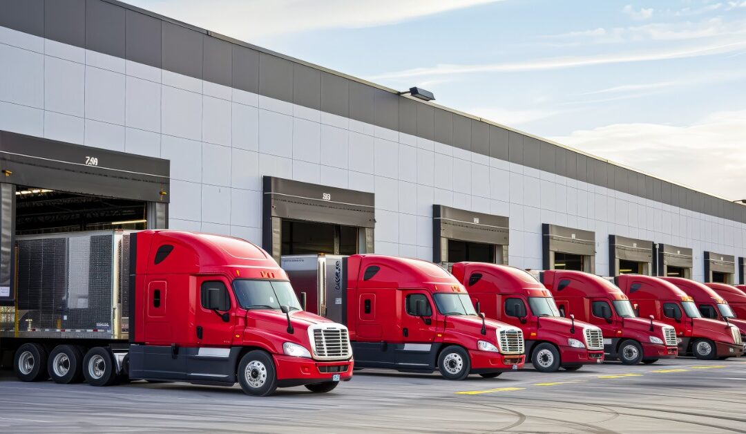 A row of red semi trucks parked beside warehouse loading bays, with one trailer backed into an open dock.